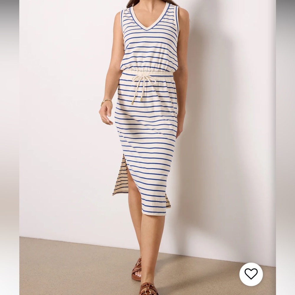 Evereve Cream and Blue Striped Sleeveless Midi Dress
